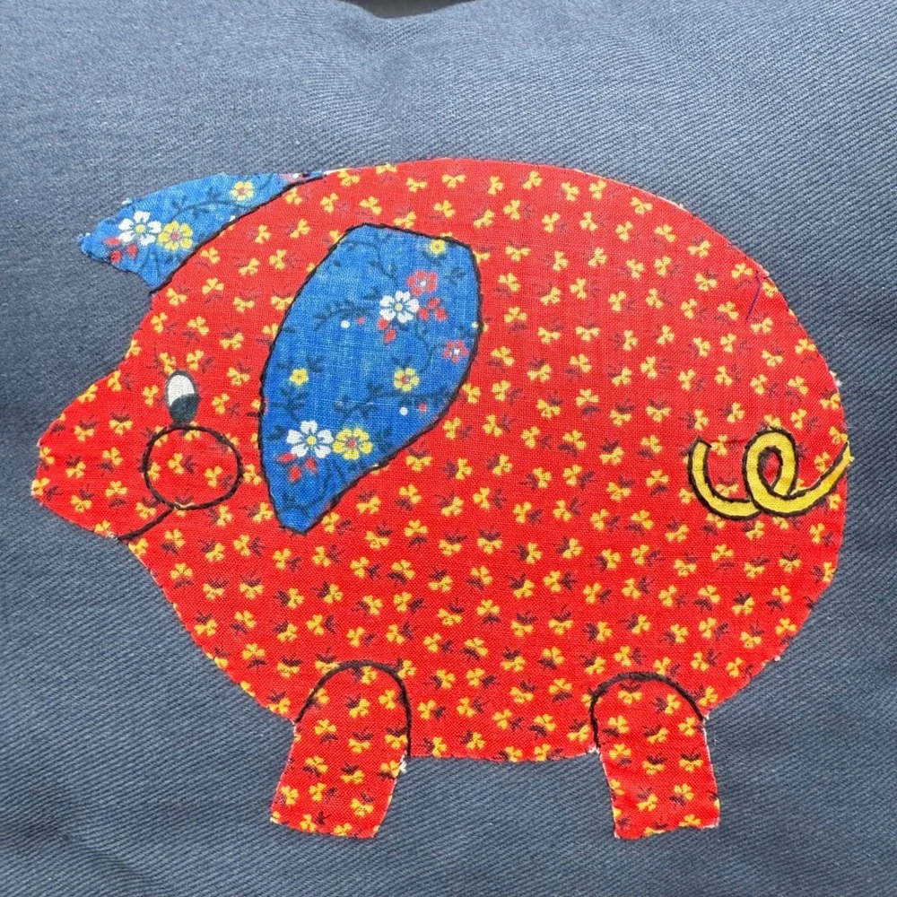 Vintage Handmade Pig Applique Throw Pillow Cottage Farmhouse Red Floral Denim